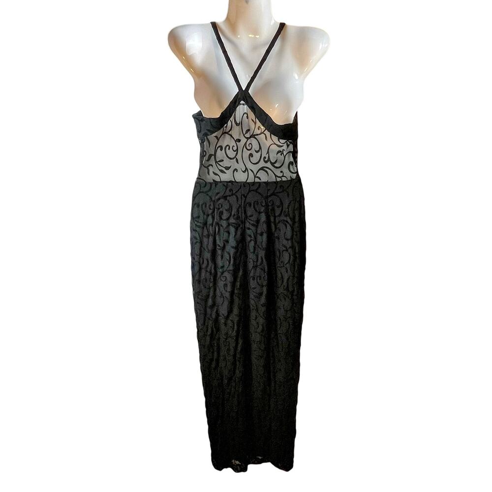 VTG Bari Jay Y2K Black Burnout Velvet Sheer Waist Maxi Dress XS Gothic Vamp 90s - Picture 2 of 8